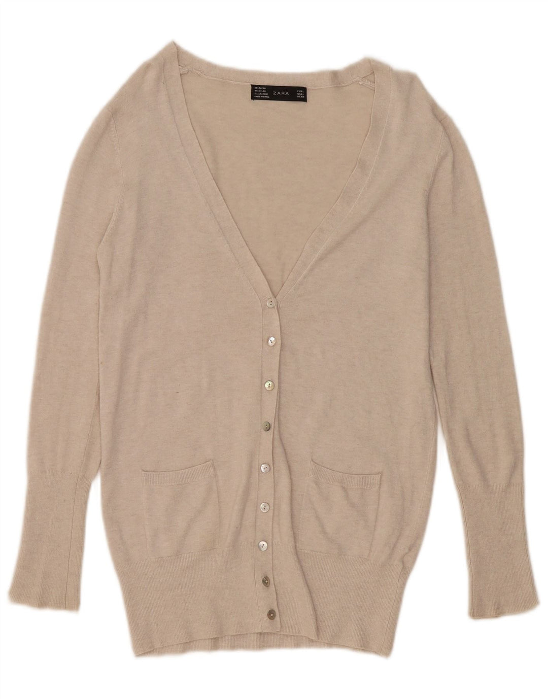 Zara Dame Cardigan Sweater UK 14 Stor Beige Rayon