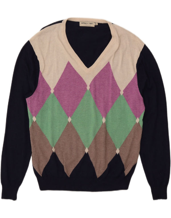 Bottega Del Sarto Mens V-Neck Jumper Sweater 2XL Navy Blue Argyle/Diamond
