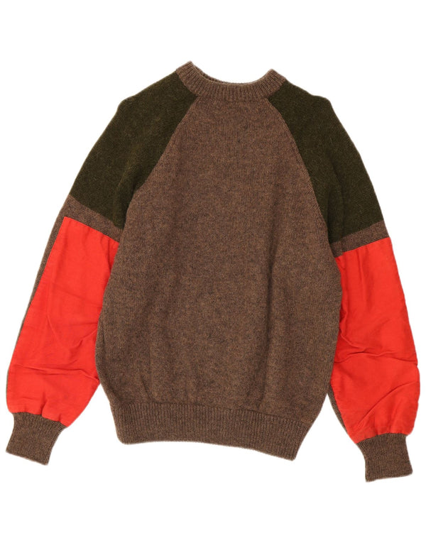 Vintage sweater med rund hals til mænd, medium brun farveblok