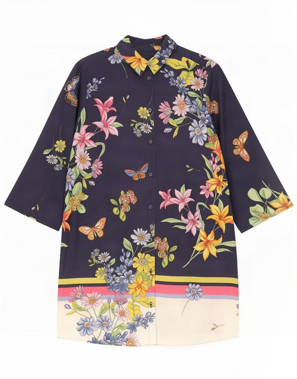 Benetton Womens 3/4 Sleeve Shirt Dress UK 10 Small Navy Blue Floral