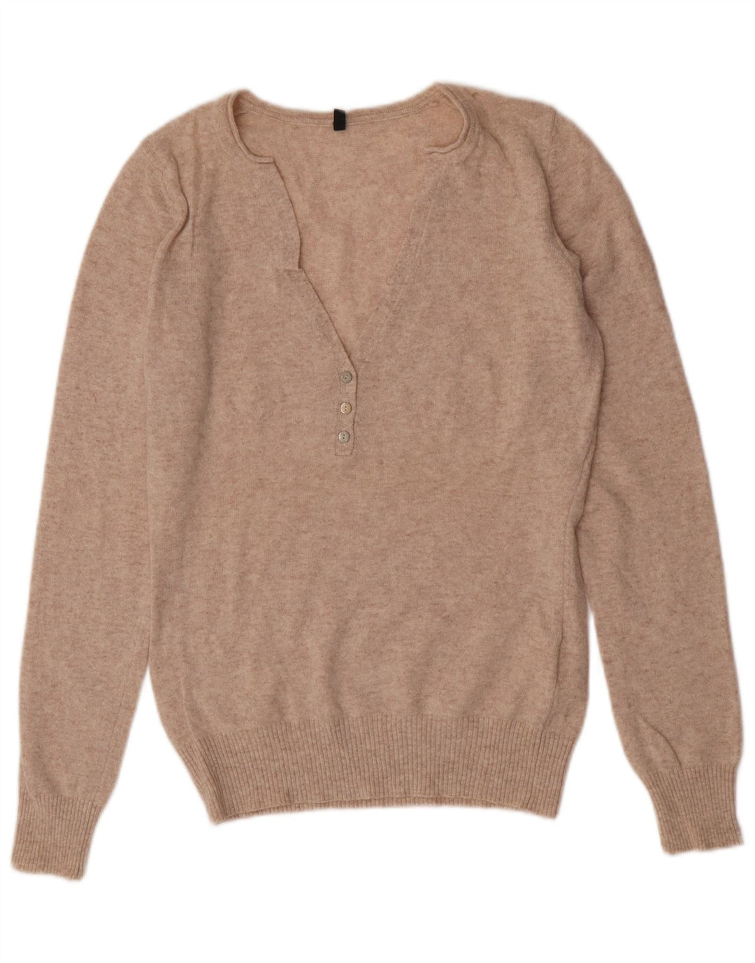 Benetton Dame V-hals sweater UK 14 Stor Beige Uld