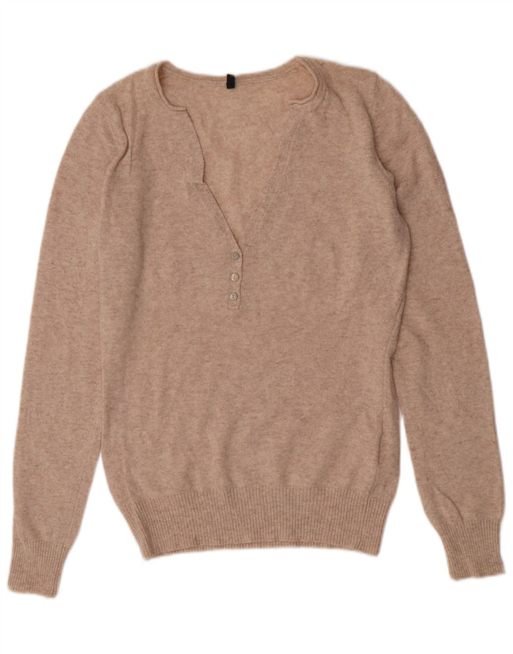 Benetton Dame V-hals sweater UK 14 Stor Beige Uld