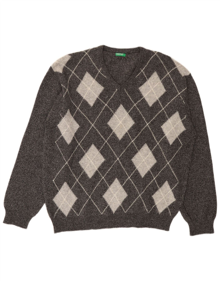 BENETTON Herre V-hals sweater Stor Grå Argyle/Diamond Wool