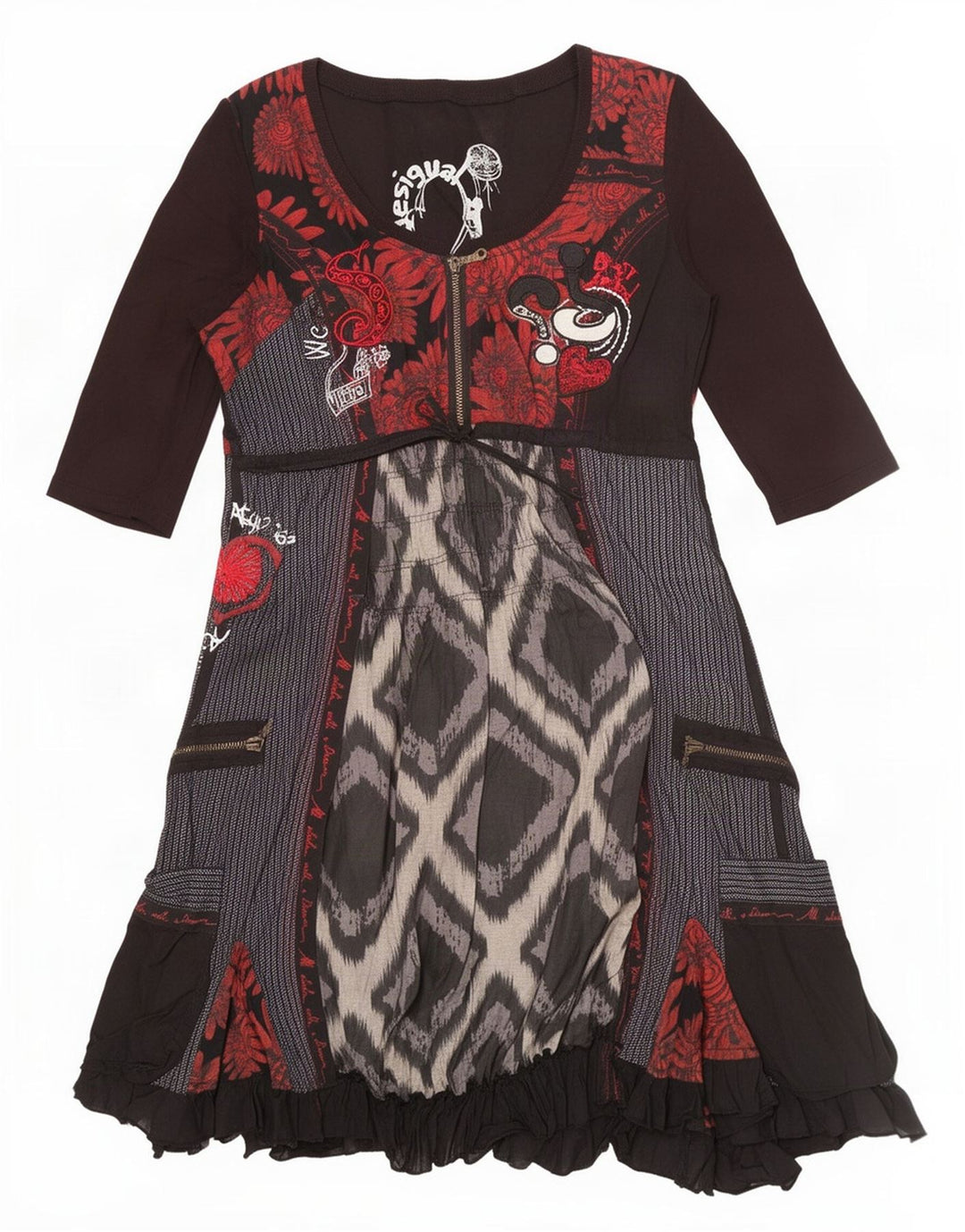 Desigual Empire kjole til kvinder EU 42 Stor sort patchwork bomuld