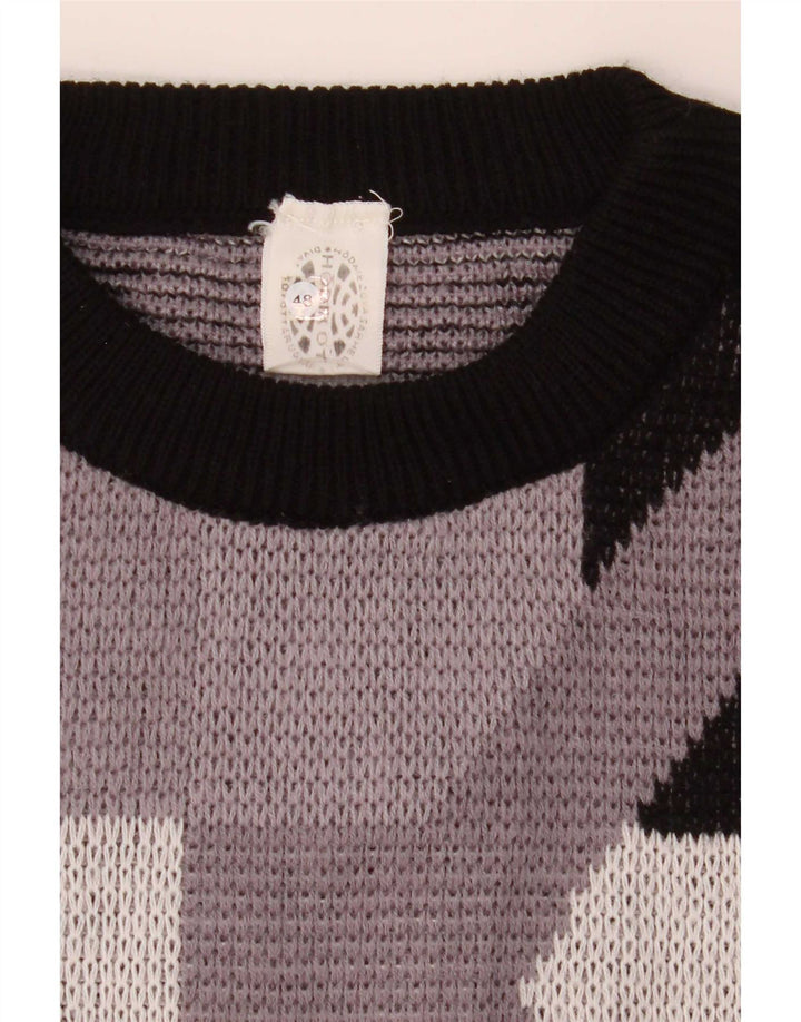Vintage herre rund hals sweater IT 48 Medium grå geometrisk akryl