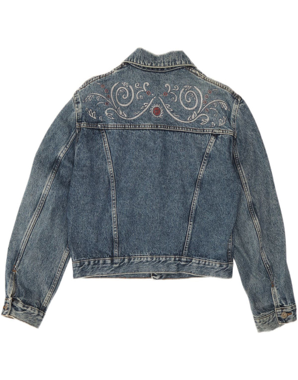 Vintage Dame Crop Denim Jacket UK 14 Large Blue Paisley