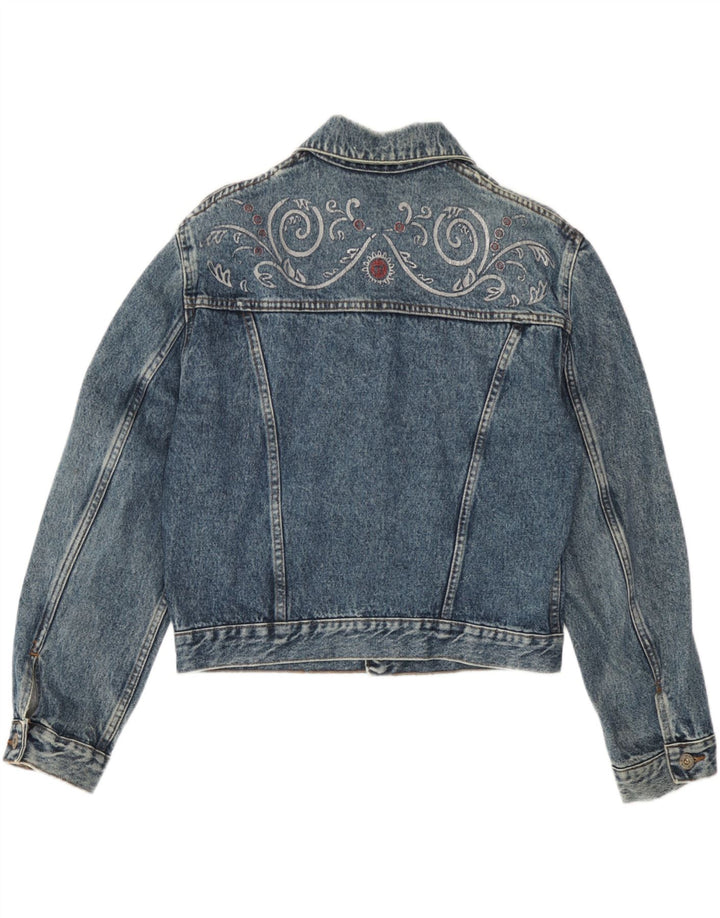 Vintage Dame Crop Denim Jacket UK 14 Large Blue Paisley