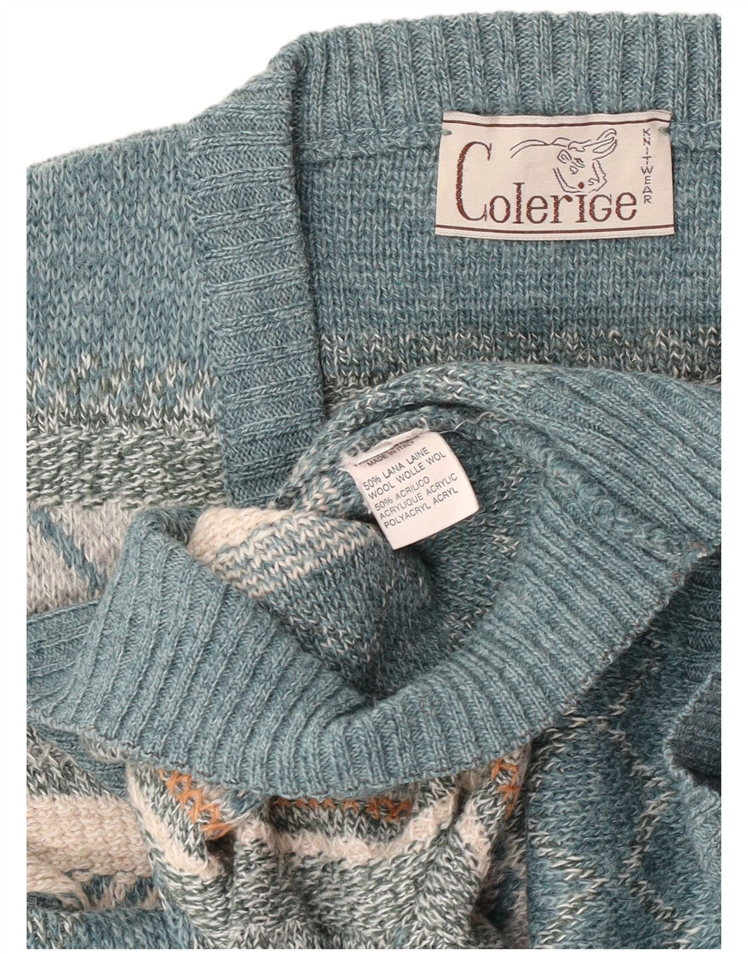 Vintage Herre V-hals sweater Large Blue Fair Isle Wool