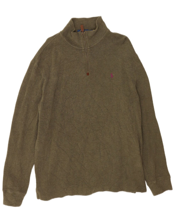 Polo Ralph Lauren Herre Zip Neck Jumper Sweater Stor Khaki Bomuld
