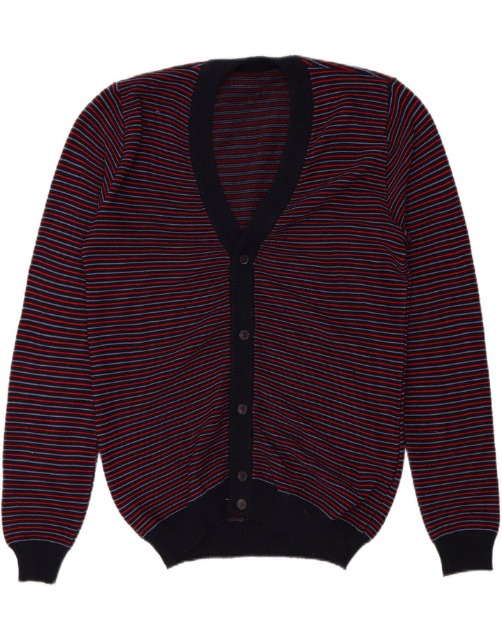 VINTAGE Mens Cardigan Sweater IT 50 Medium Navy Blue Striped Polyacrylic Vintage Vintage and Second-Hand Vintage from Messina Hembry 