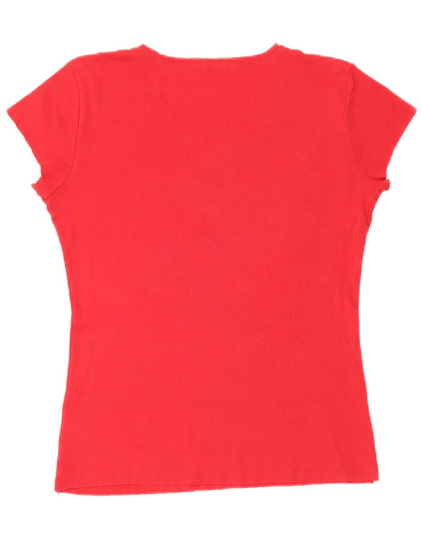 Benetton Dame Grafisk T-Shirt Top UK 14 Medium Rød Bomuld