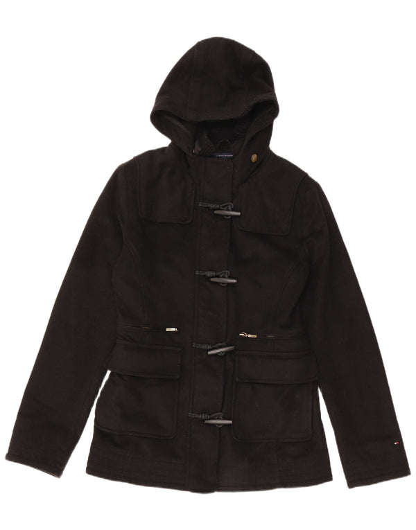 Tommy Hilfiger Dame Hooded Duffel Coat UK 10 Small Black Virgin Wool