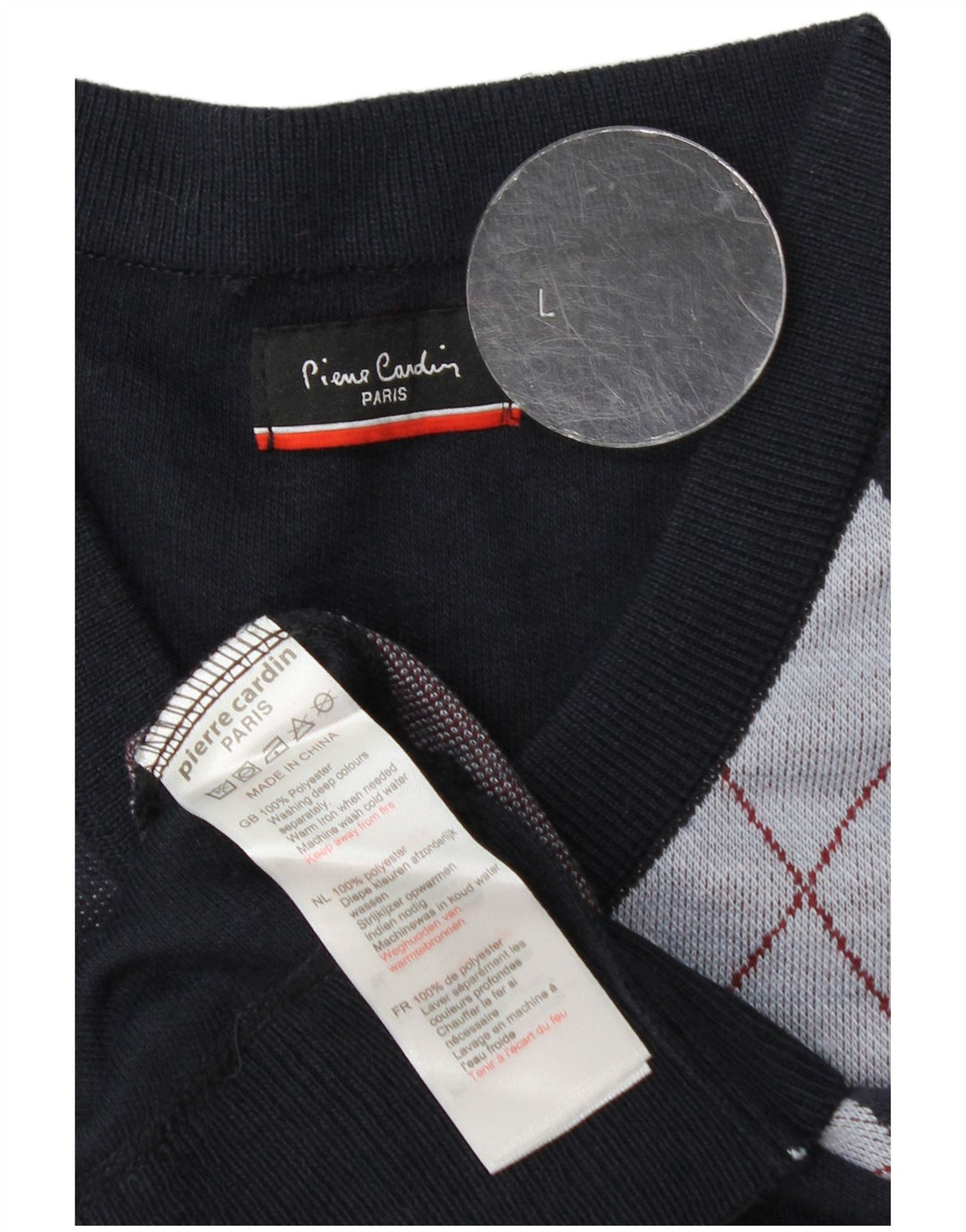 Pierre Cardin Herre V-hals trøje Sweater Large Navy Blue Argyle/Diamond