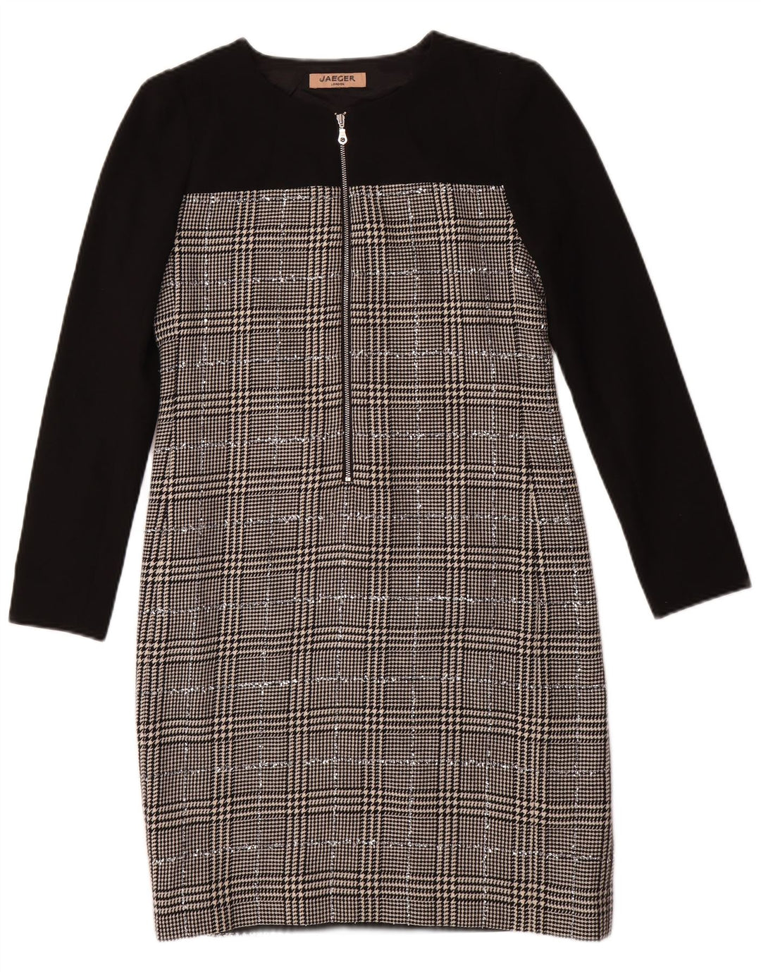 JAEGER Langærmet Skedekjole til kvinder UK 8 Small Black Houndstooth Uld