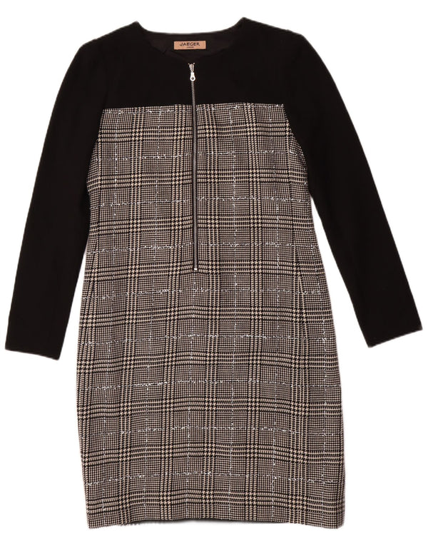 JAEGER Langærmet Skedekjole til kvinder UK 8 Small Black Houndstooth Uld
