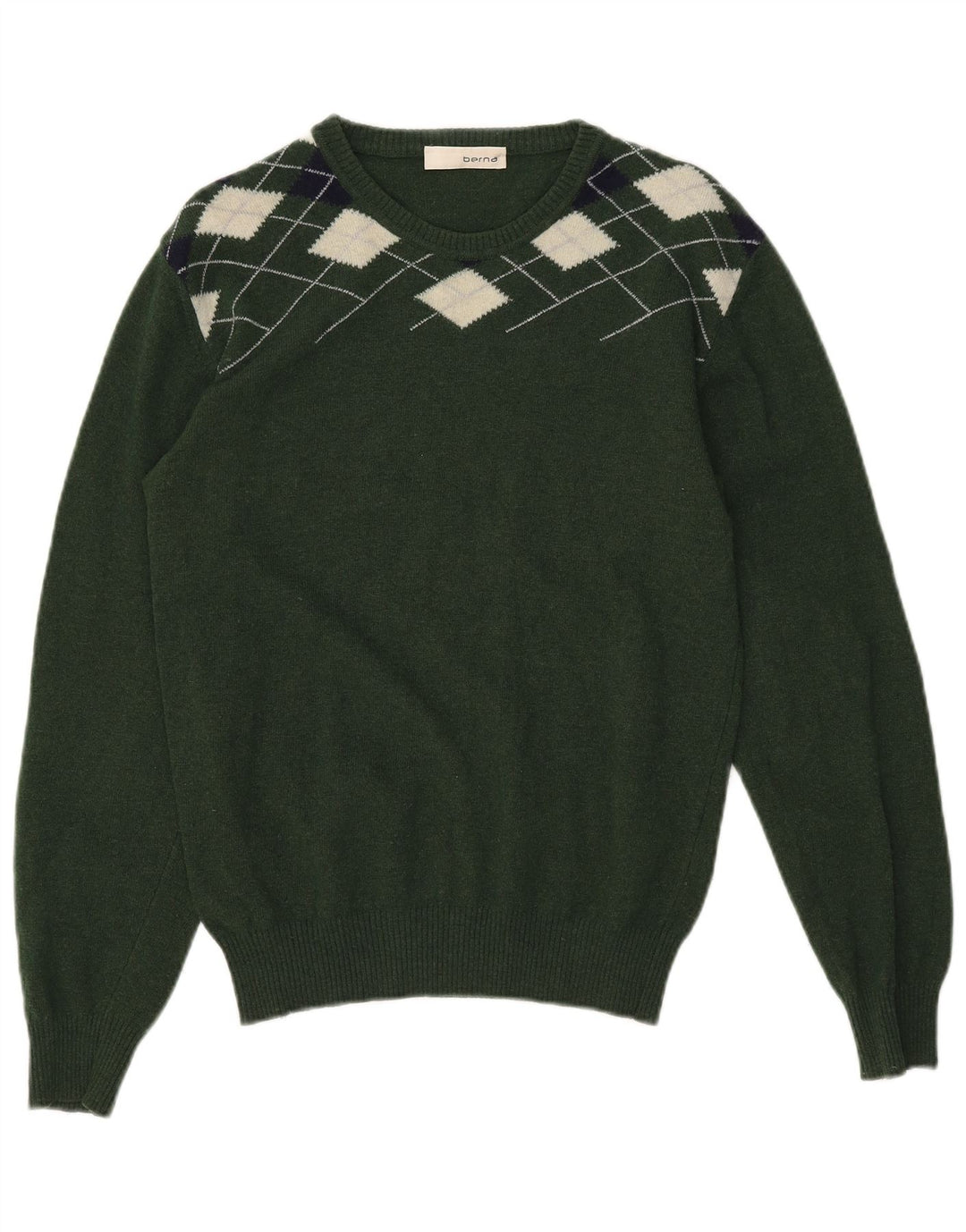 Berna Herre Boat Neck Jumper Sweater Medium Green Argyle/Diamond Wool