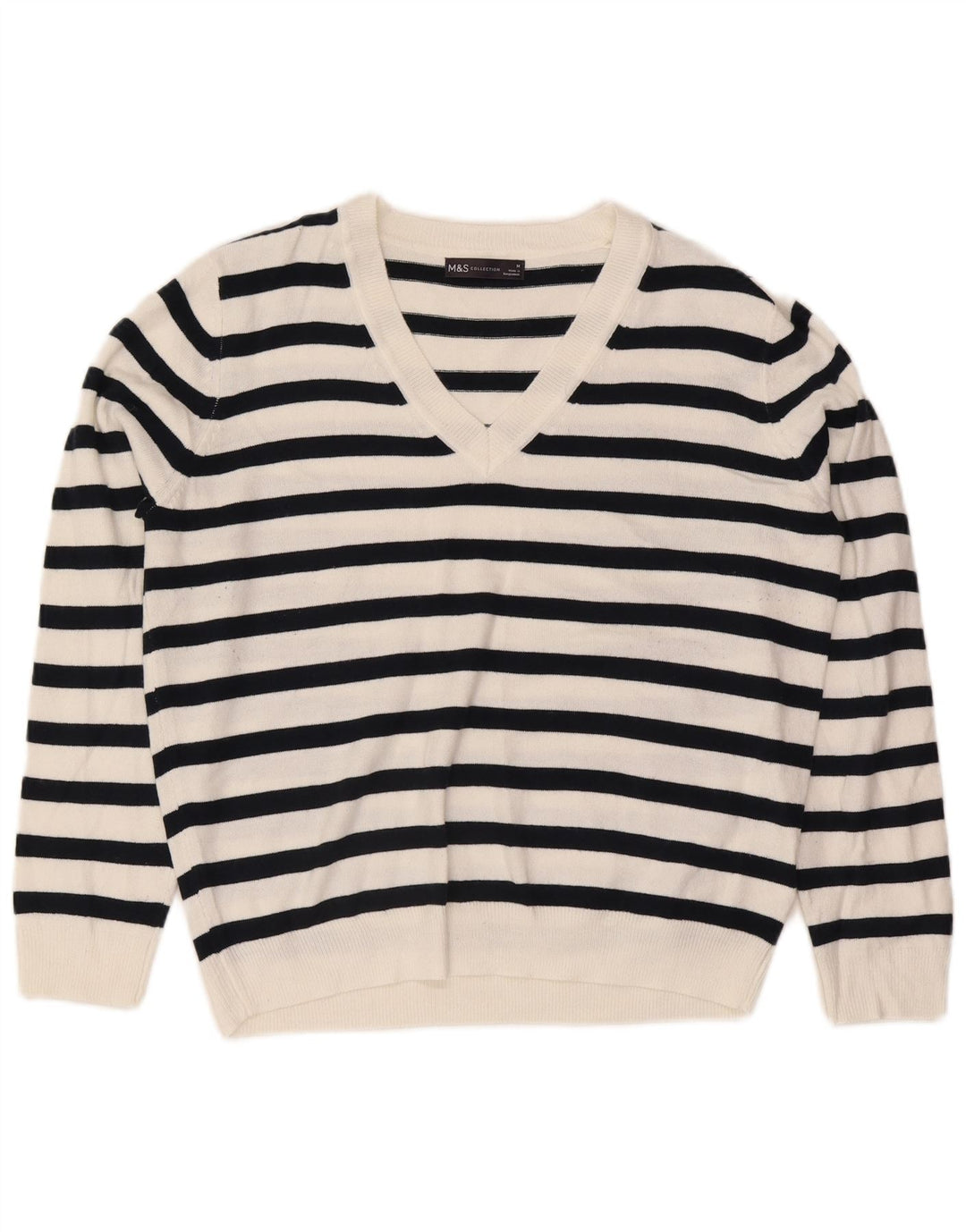 Marks & Spencer Dame V-hals sweater UK 14 Mellem hvid stribet