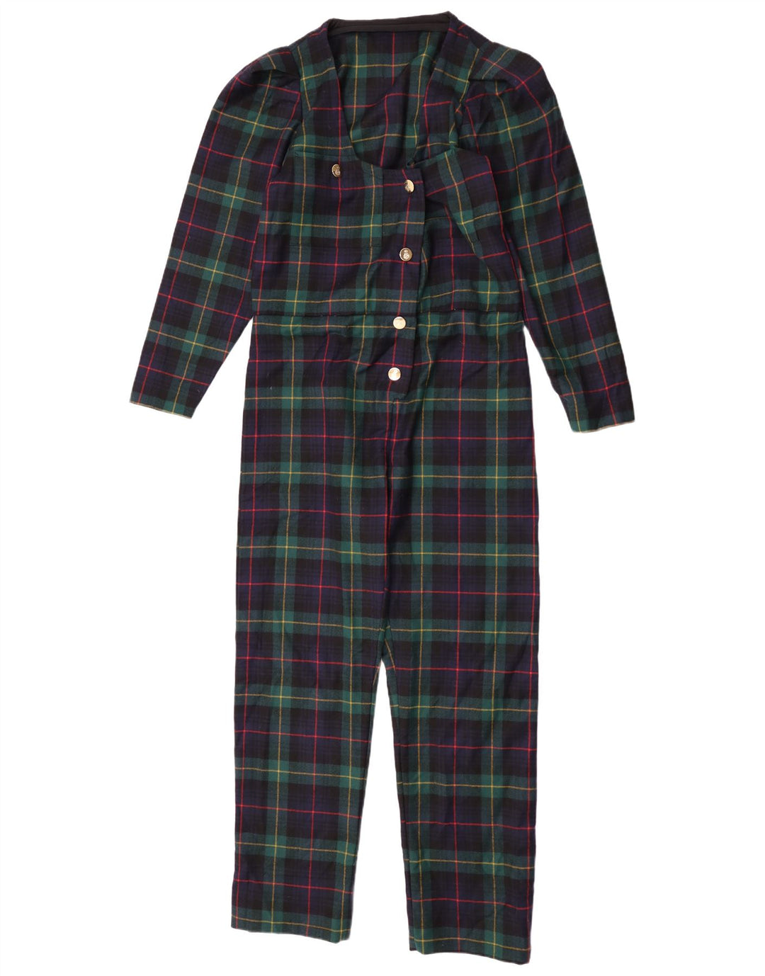 Vintage Dame Langærmet Jumpsuit UK 12 Medium Green Plaid