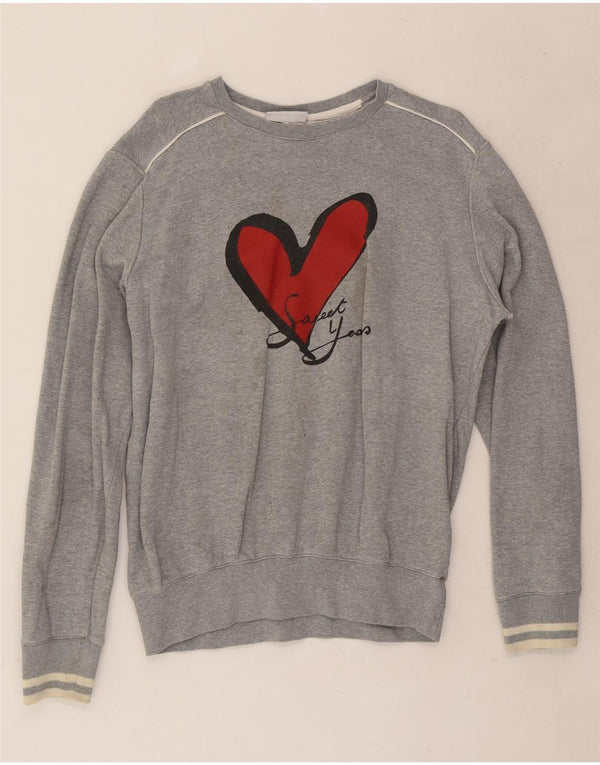 Sweet Years Womens Graphic Sweatshirt Jumper UK 16 Large Grey Cotton Heart