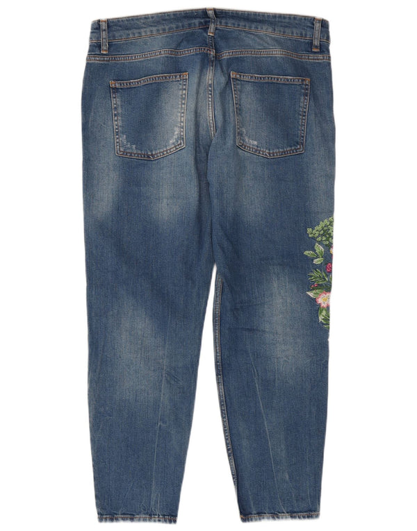Zara Dame Graphic Straight Jeans EU 42 Large W32 L27 Blue Floral Bomuld