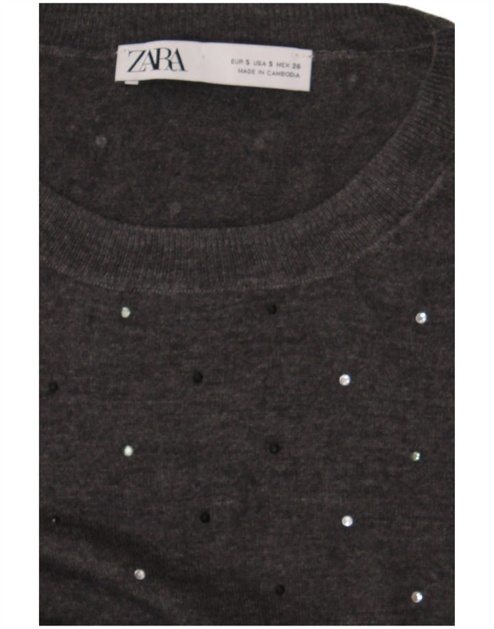 Zara Womens Crop Crew Neck Jumper Sweater UK 10 Small Grey Spotted