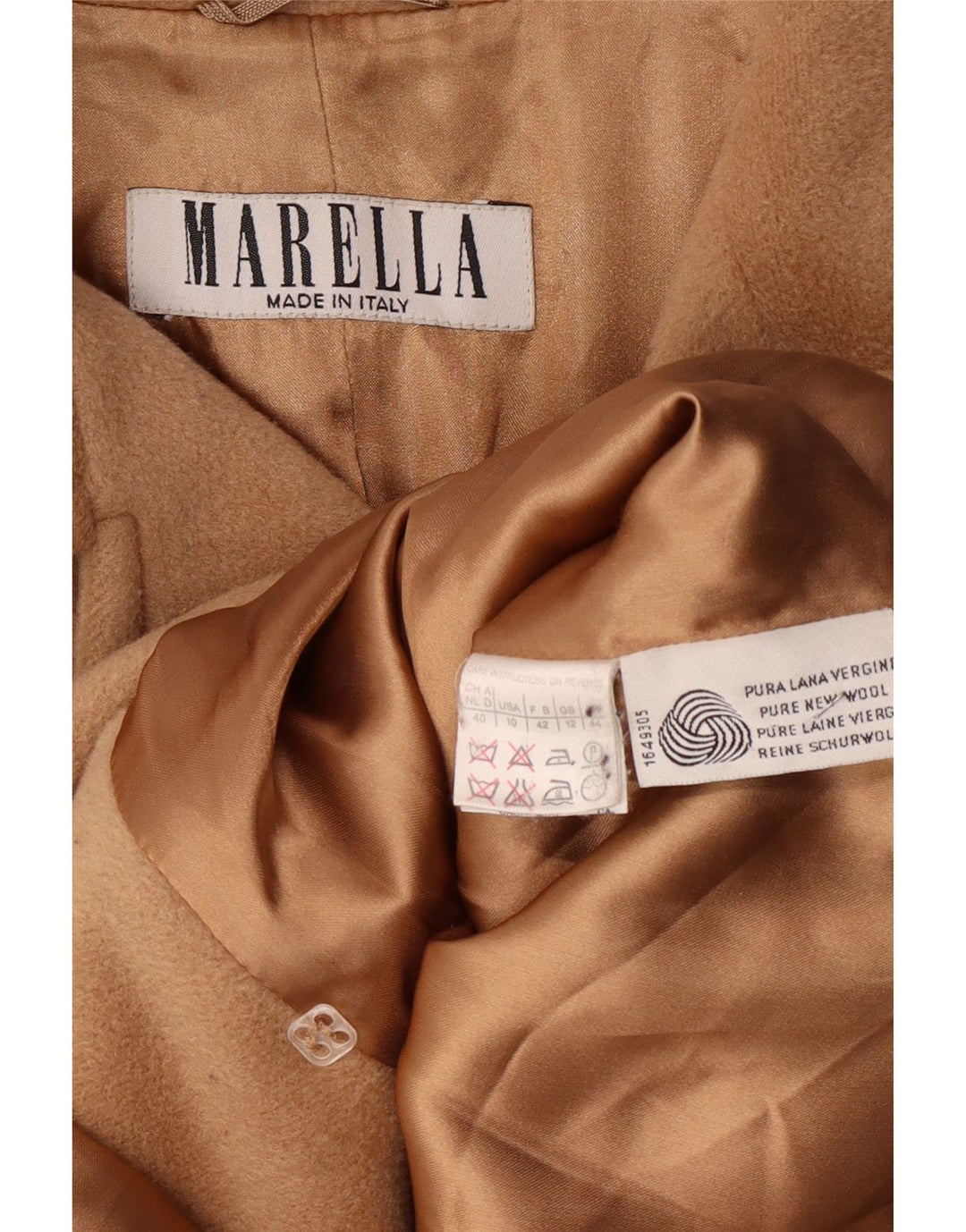 MARELLA Dame Dobbeltradet Frakke UK 12 Medium Beige Virgin Wool Classic
