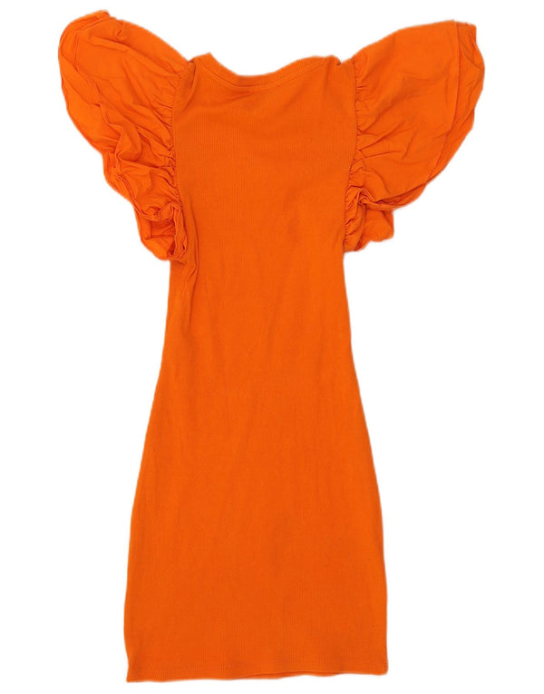 Zara Dame T-Shirt Kjole UK 8 Small Orange Bomuld