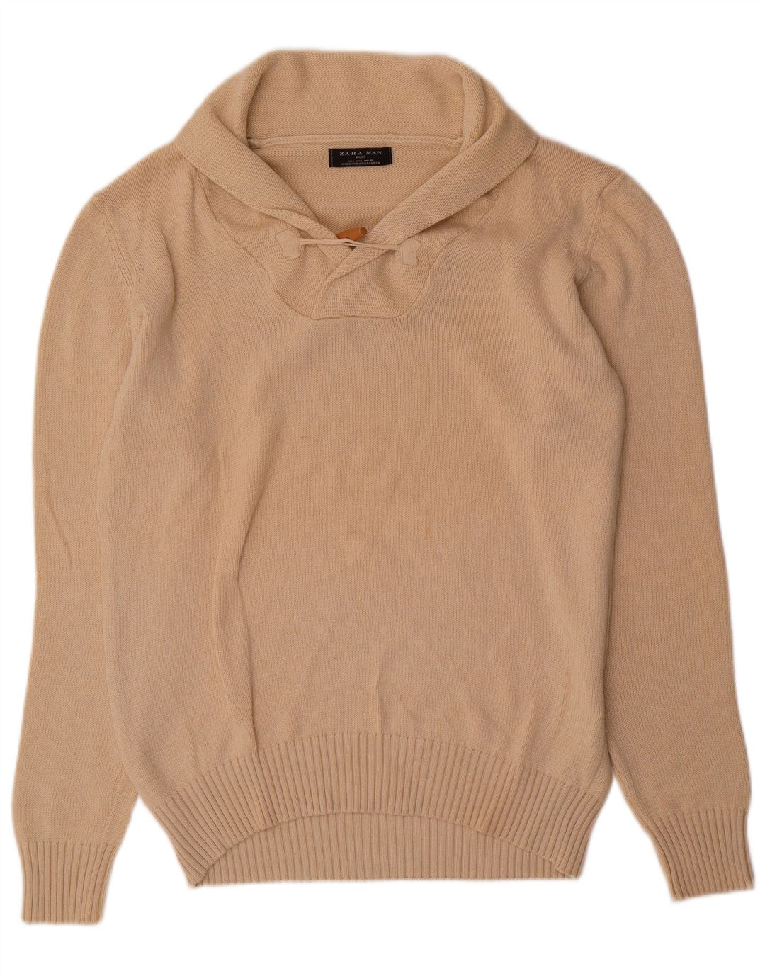 Zara Herre Shawl Neck Jumper Sweater Stor Beige Bomuld