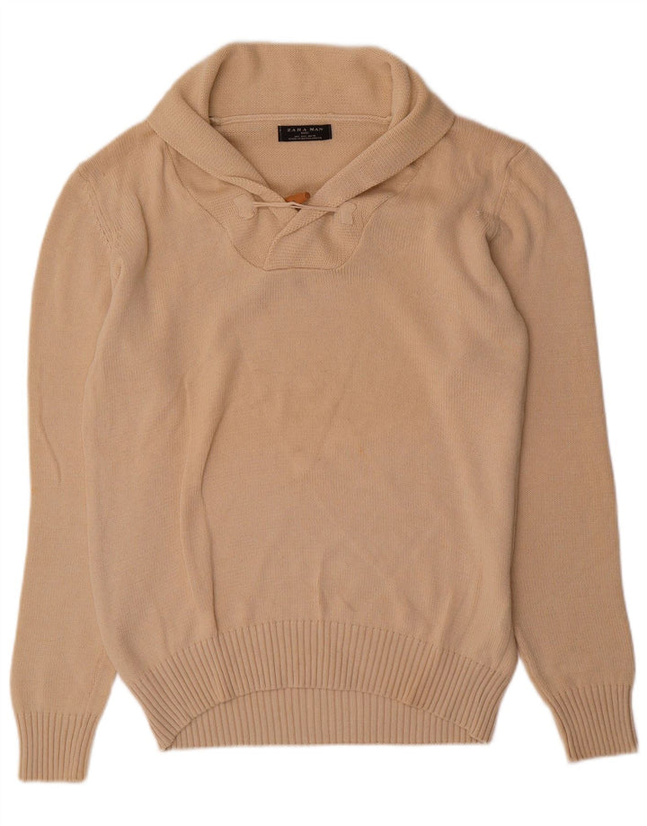 Zara Herre Shawl Neck Jumper Sweater Stor Beige Bomuld