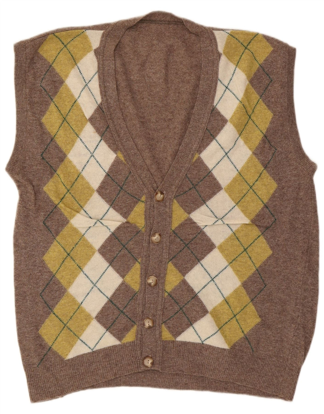 Vintage herre ærmeløs cardigan sweater stor brun Argyle/diamant uld