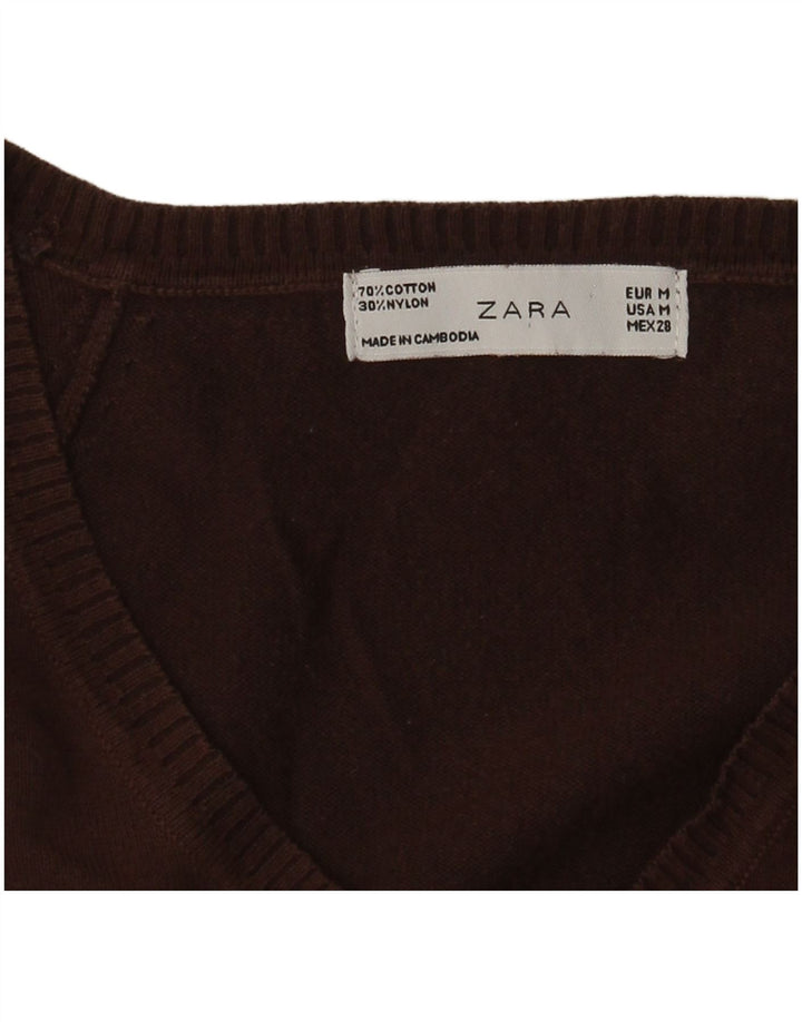 Zara Dame V-hals sweater UK 12 Medium Brun Bomuld