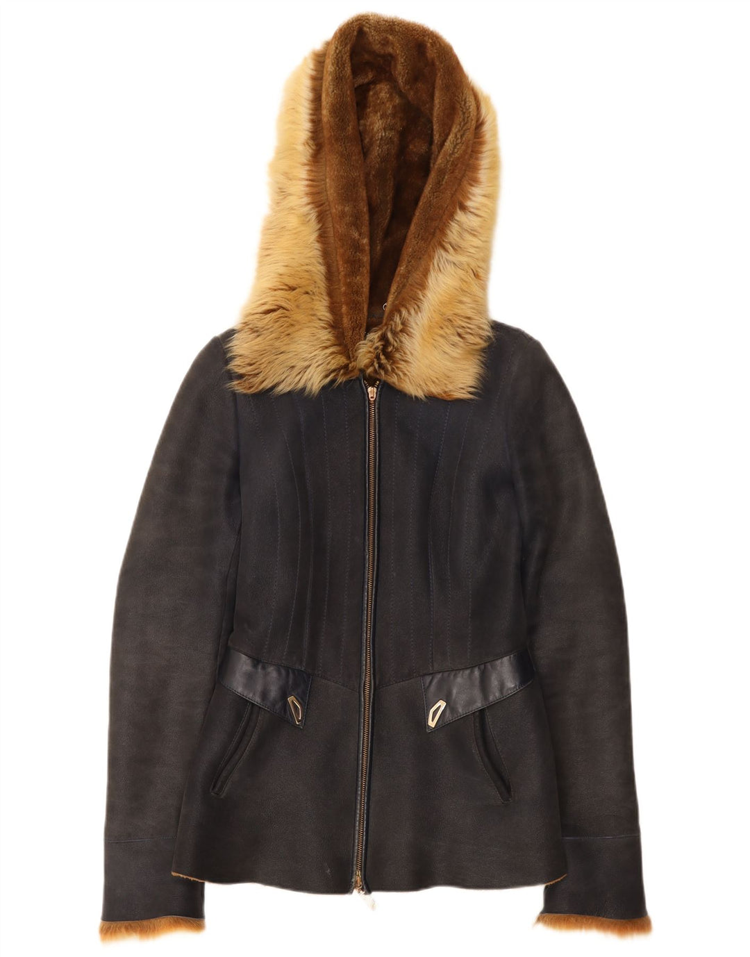 Vintage Shearling-jakke med hætte til kvinder EU 38 Mellem marineblåt læder