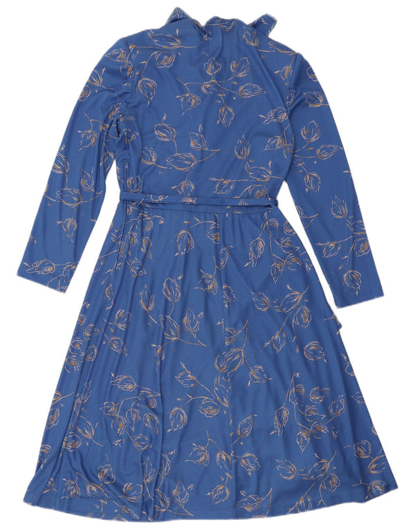 Vintage Dame Langærmet A-Line Kjole UK 16 Large Blue Floral