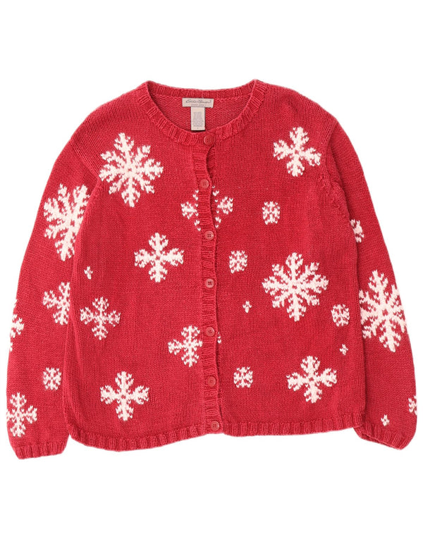 Eddie Bauer Dame Cardigan Sweater UK 16 Large Red Fair Isle Ramie