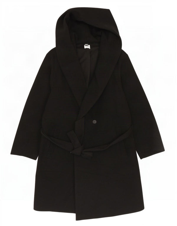 Zara Dame Hætte Dobbeltradet Frakke UK 18 XL Sort Polyester