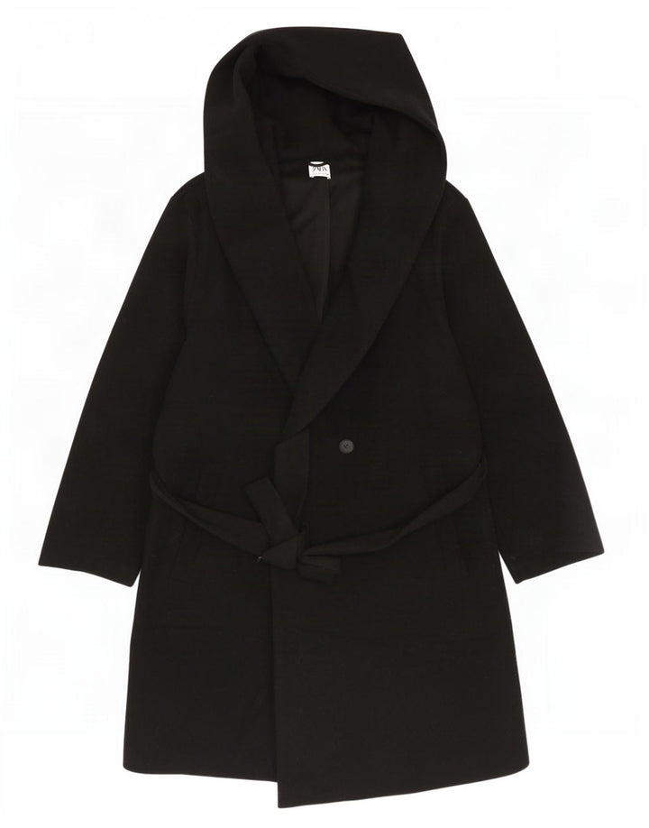 Zara Dame Hætte Dobbeltradet Frakke UK 18 XL Sort Polyester