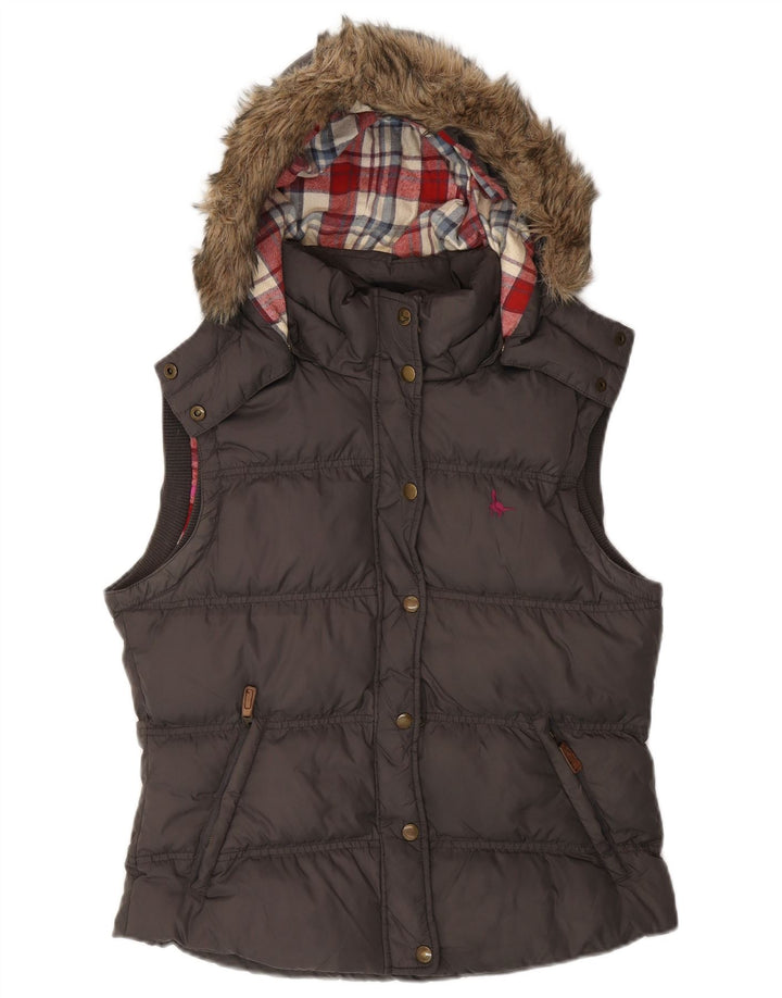 JACK WILLS Dame hætte polstret Gilet UK 12 mellemgrå nylon