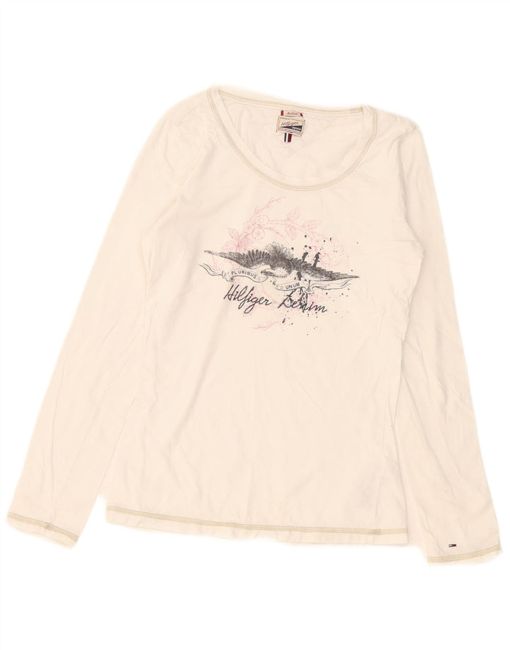 Tommy Hilfiger Dame Grafisk Top Langærmet UK 12 Medium Hvid Bomuld