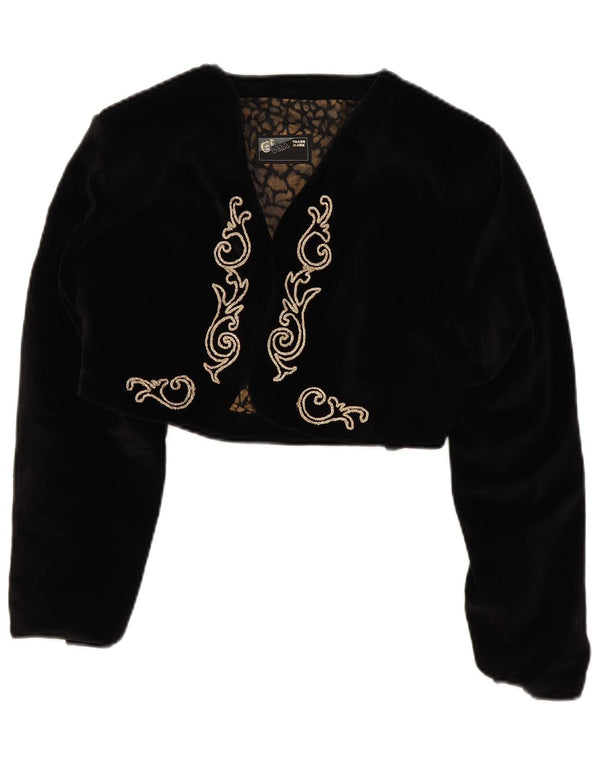 Vintage Kvinder Velvet Bolero Jacket UK 14 Medium Black Floral Bomuld