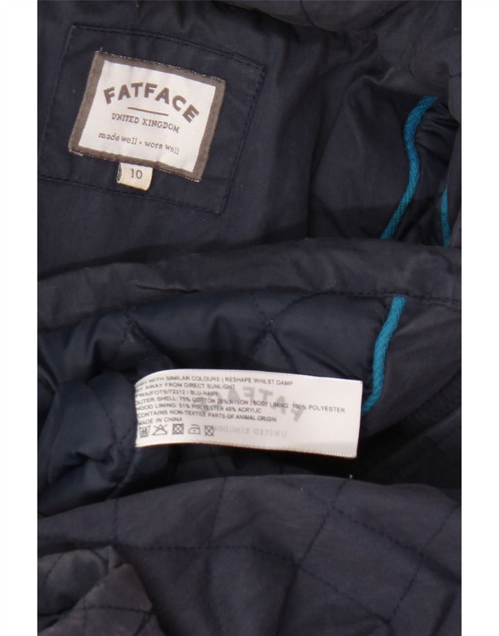 Fat Face Dame Hætte Quiltet Jakke UK 10 Small Navy Blue Cotton