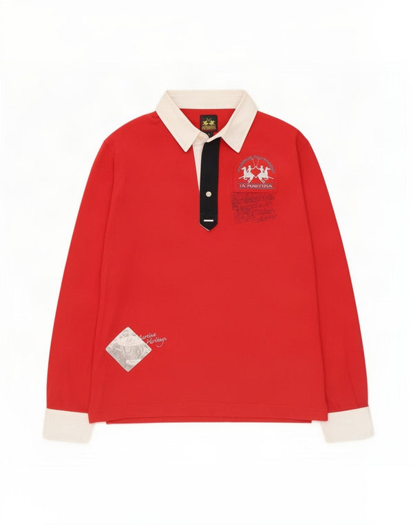 La Martina Mens Graphic Long Sleeve Rugby Polo Shirt Large Red Colourblock
