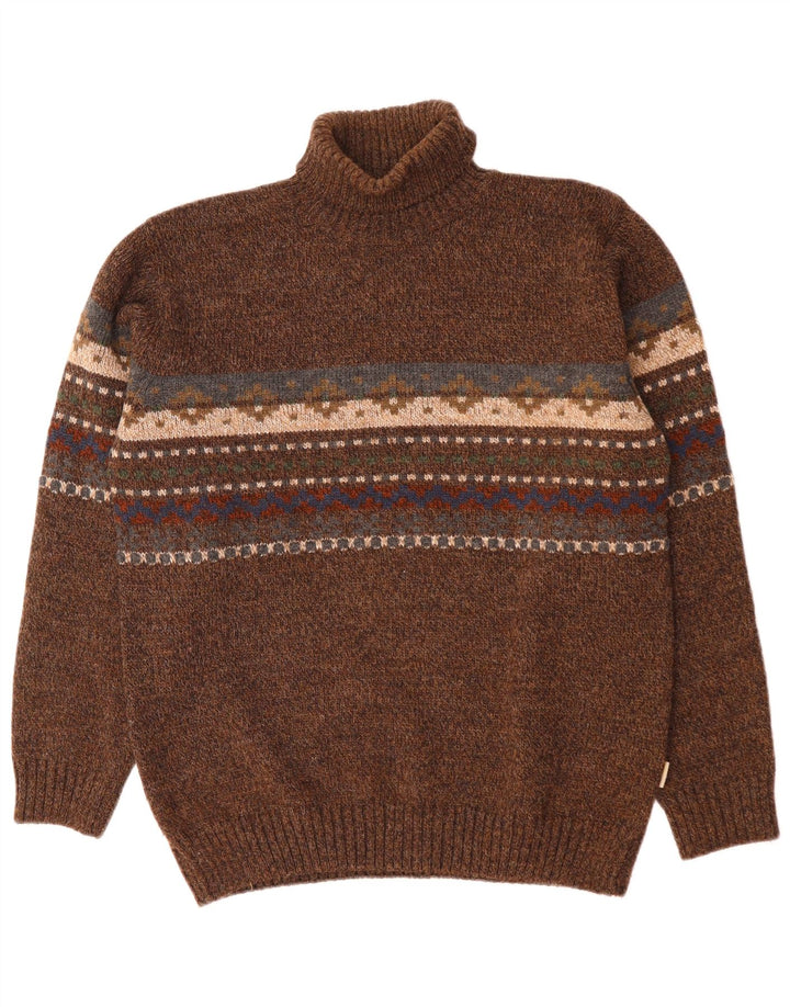 Camel Active Herre Roll Neck Jumper Sweater Medium Brown Fair Isle Wool