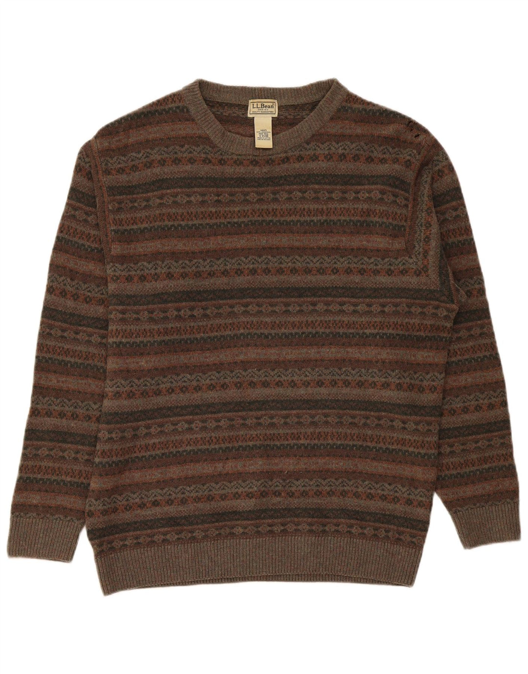 L.L.Bean Herre Boat Neck Jumper Sweater Medium Khaki Fair Isle Lammeuld