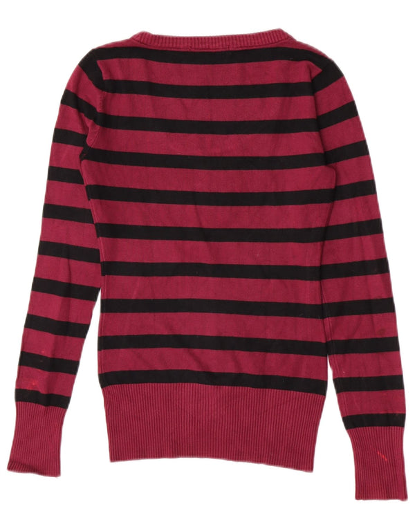 Guess Dame Grafisk Boat Neck Jumper Sweater UK 4 XS Burgundy Striped