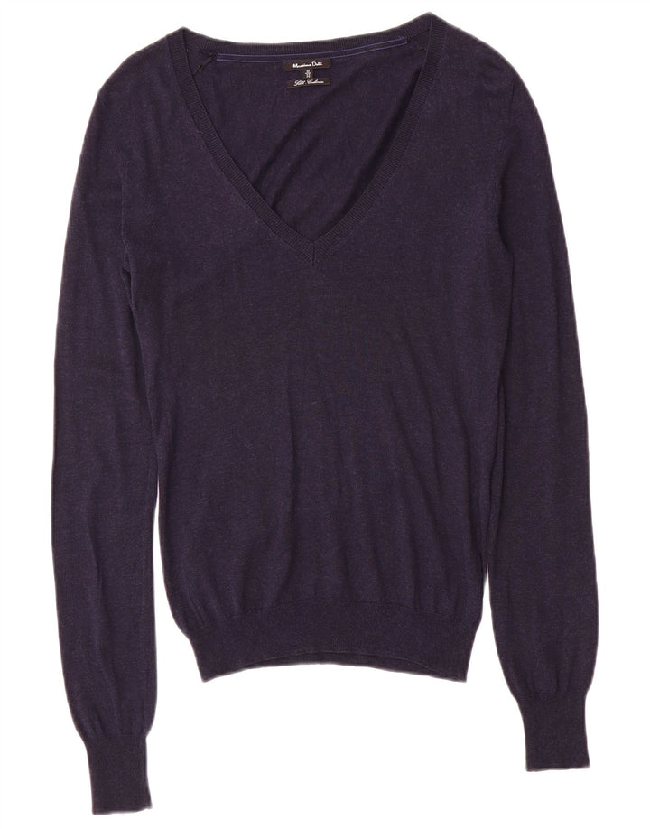 Massimo Dutti Dame V-hals sweater UK 12 Medium Navy Blue Silke