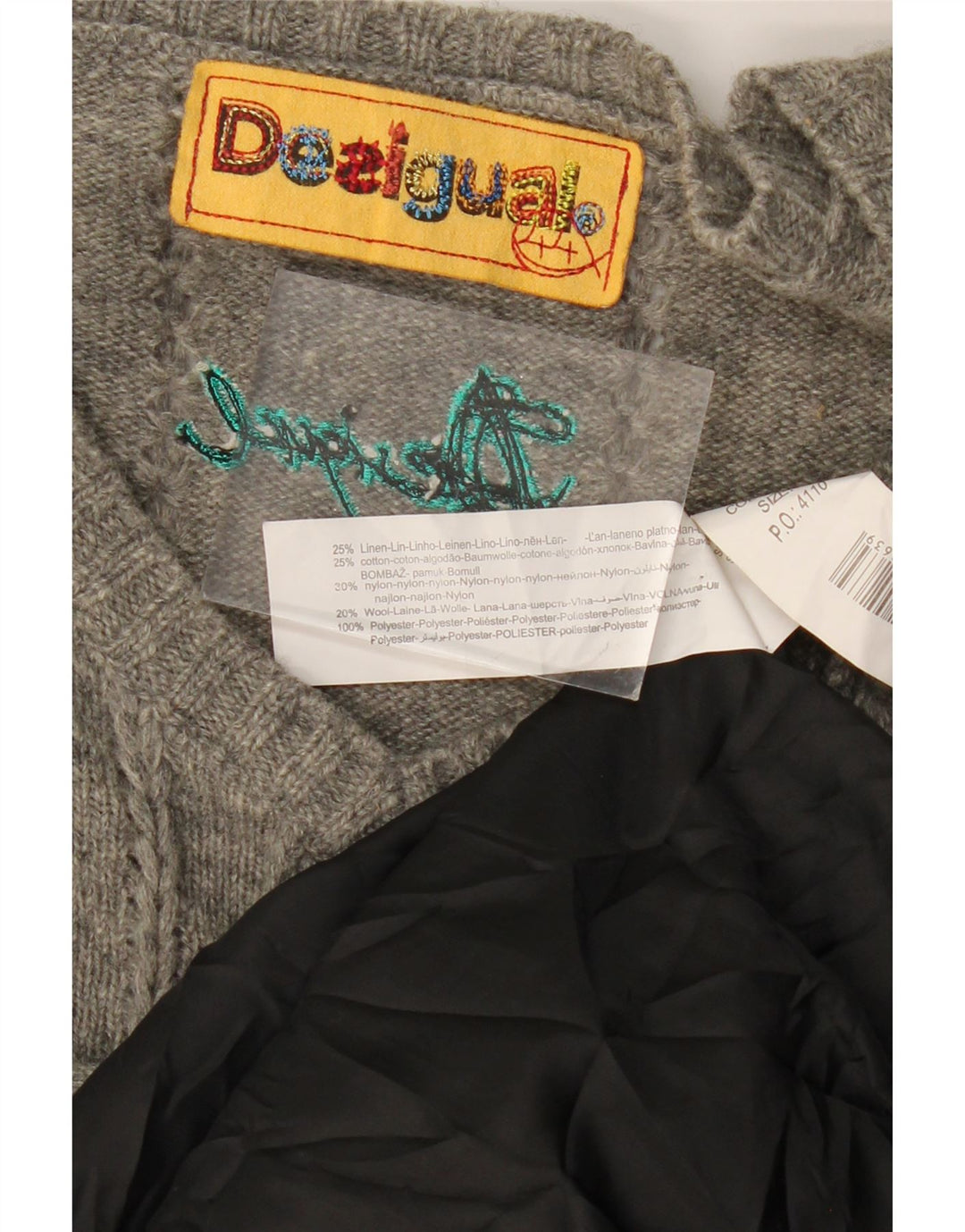 DESIGUAL Dame Langærmet Jumper Kjole EU 44 XL Grå Patchwork Linned