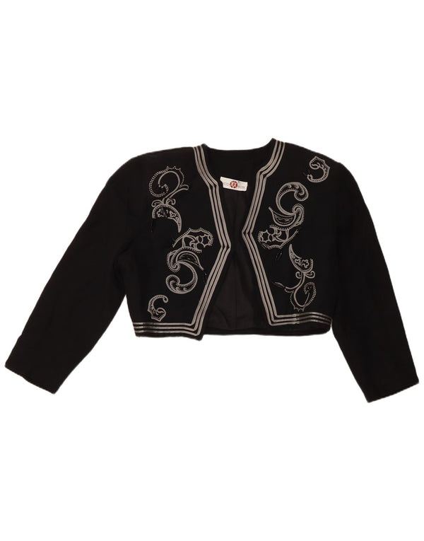 Vintage Womens Crop Open Bolero Jacket UK 14 Medium Black Paisley Viscose