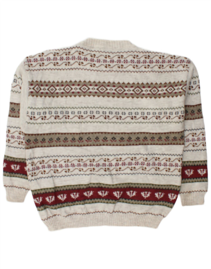 Vintage herre sweater med rund hals, stor off-hvid geometrisk uld