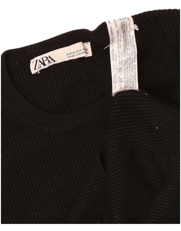 Zara Womens Crop Top 3/4 ærme UK 12 Medium Black Viscose