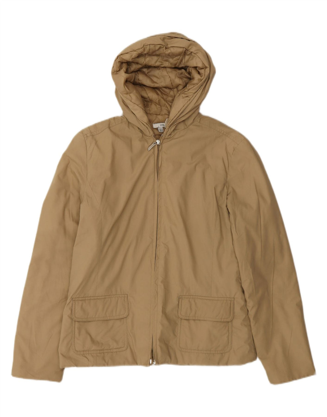 Zara Dame Hooded Bomber Jacket UK 14 Medium Beige Polyester